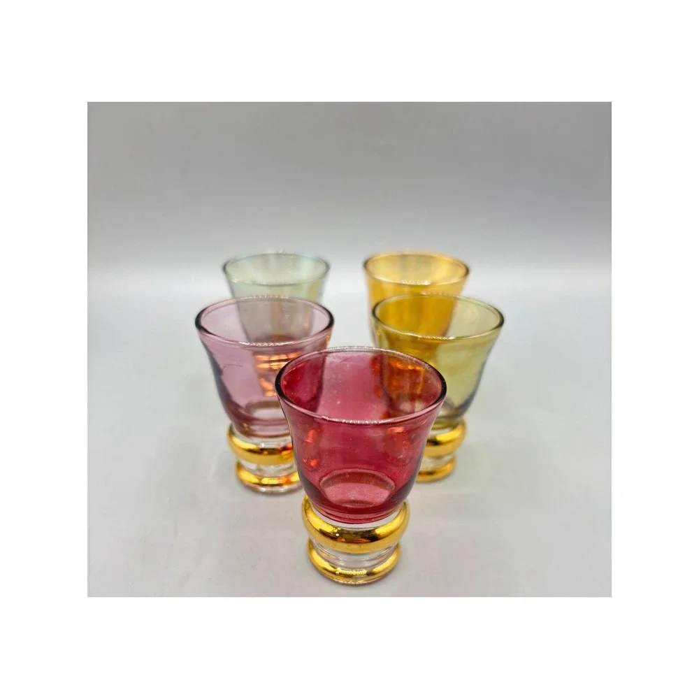 Vtg Bohemian Amethyst Glass Decanter Set Gold 5‎ Cordial Glasses Barware Boho